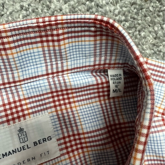 Emanuel Berg Shirt Mens M/L Blue Check Modern Fit Button Up Casual Dress Shirt - Picture 5 of 6